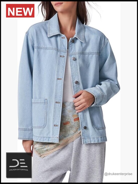 Jackets & Blazers - Oversized Denim Jacket Shacket Button Down Long Sleeve Cotton Blend
